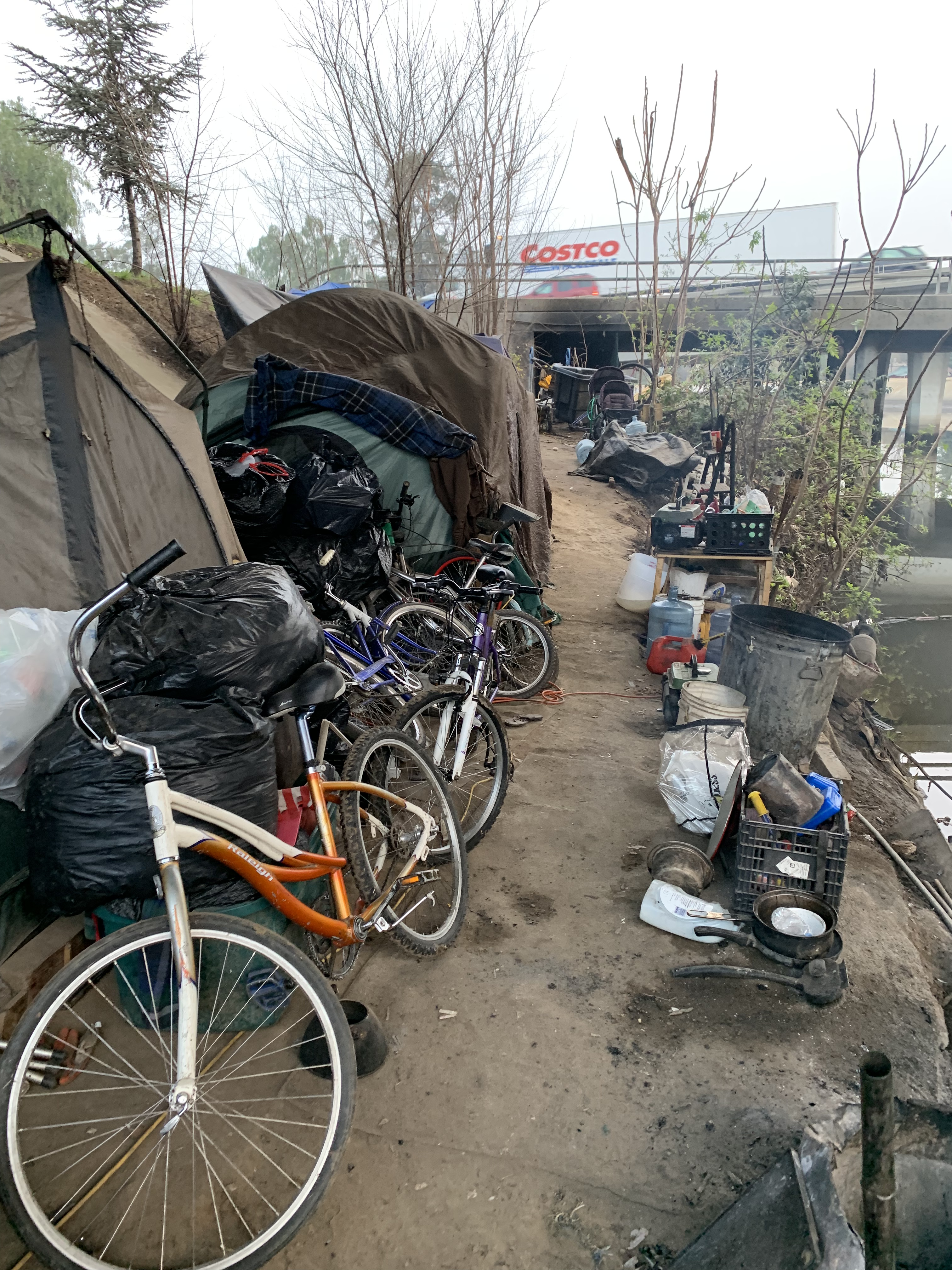 Homeless camp with bikes and tents